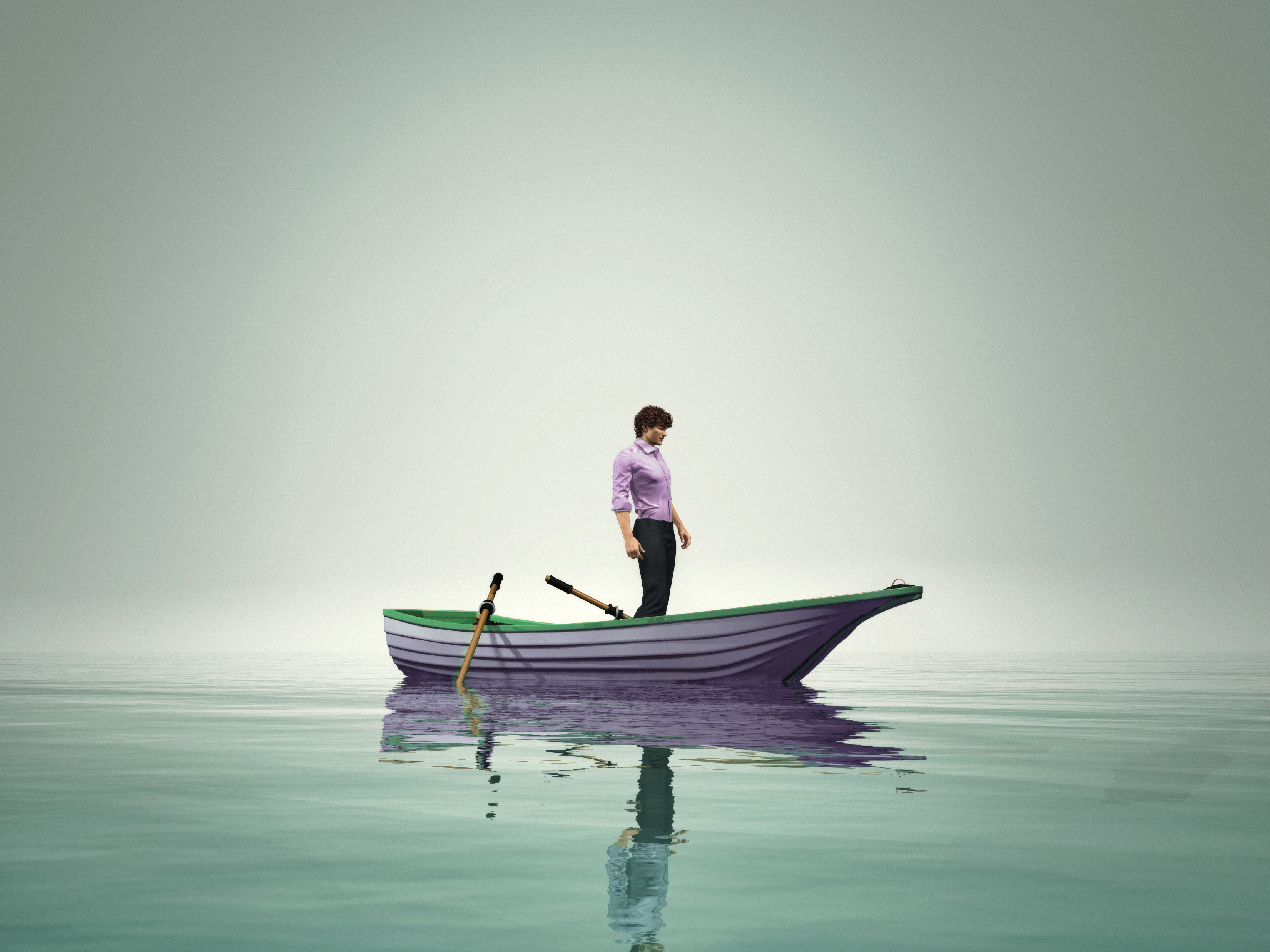 The man is in a boat and admire the lake in the fog. This is a 3d ...
